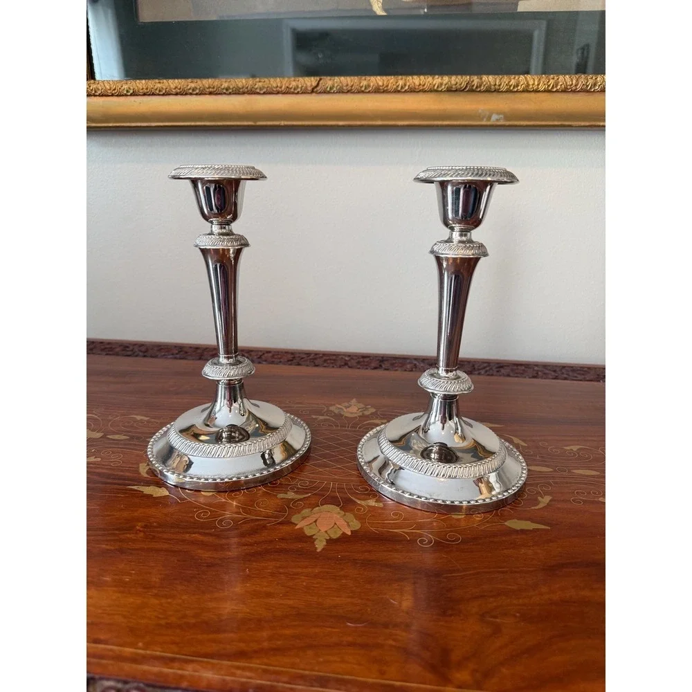 Vintage‎ Silver Plate Candlestick Pair • Neoclassical Taper Holders 7.75